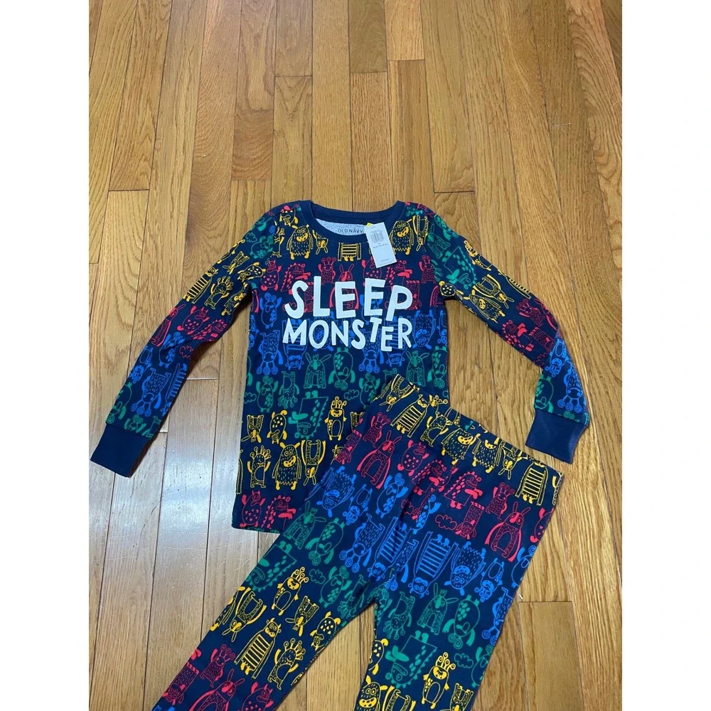 Old Navy Kids Sleep Monster Pajama Set Navy Blue Rainbow 5T 2-Piece NWT
